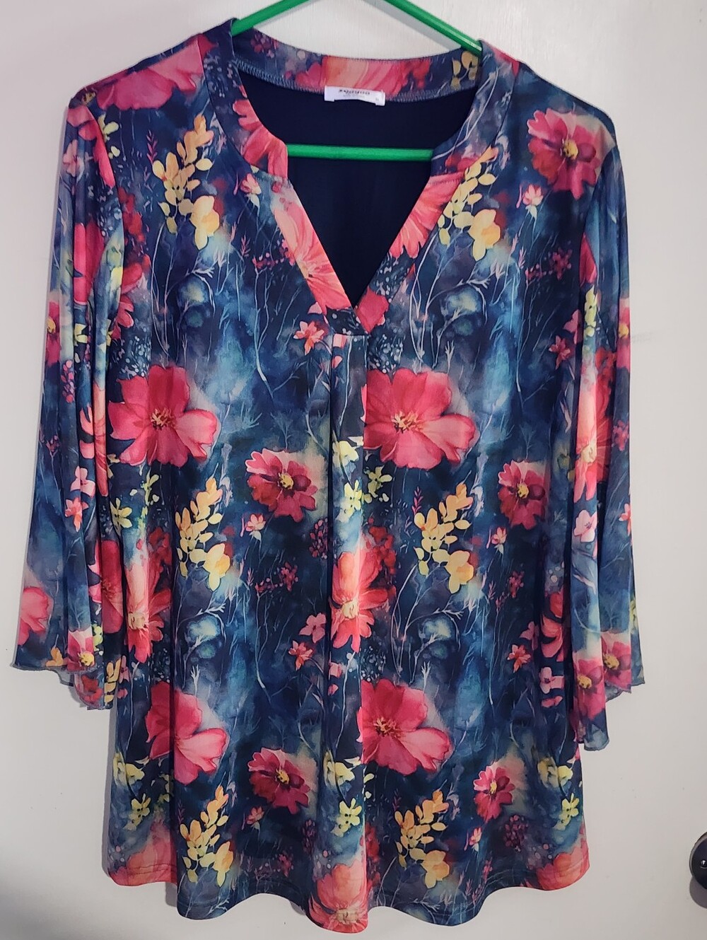 Navy Floral V-Neck Tunic with Pink Blooms